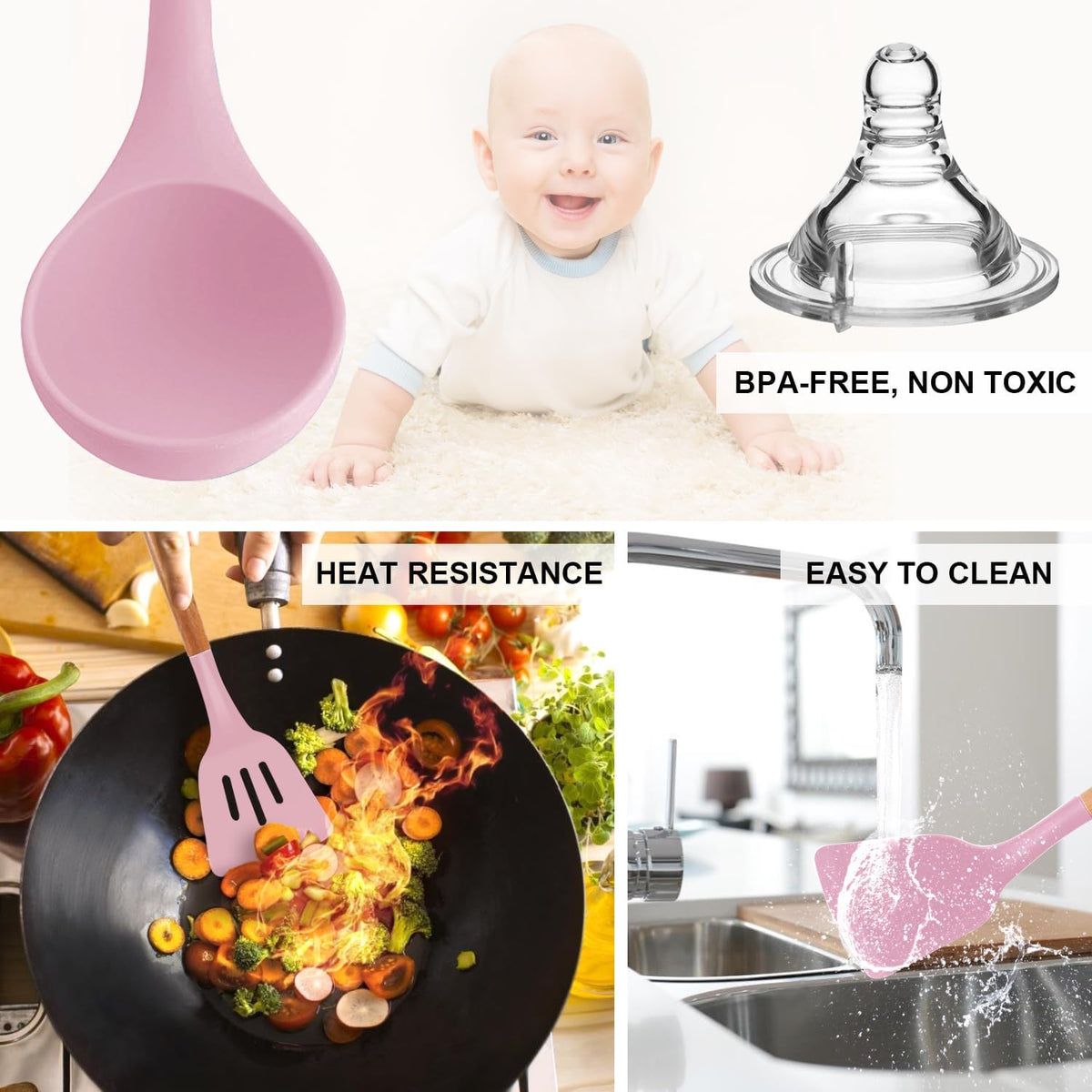 Silicone Cooking Kitchen Utensils Set, Wooden Handle, Pinky