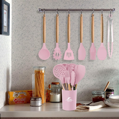 Silicone Cooking Kitchen Utensils Set, Wooden Handle, Pinky
