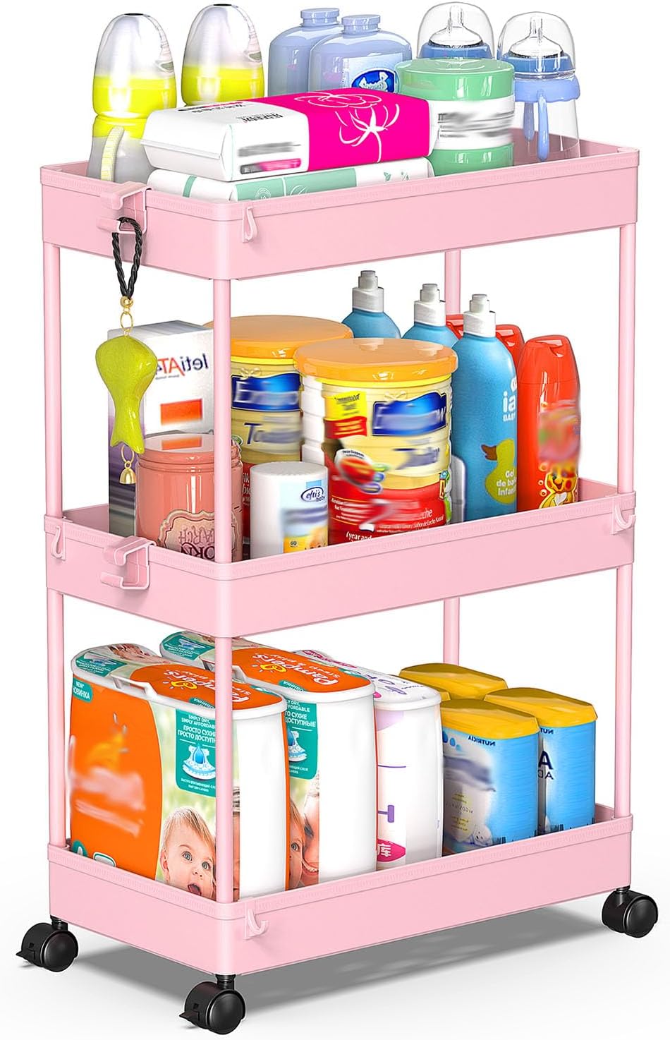3 Tier Rolling Cart, Bathroom Cart Organizer with Wheels, Pink