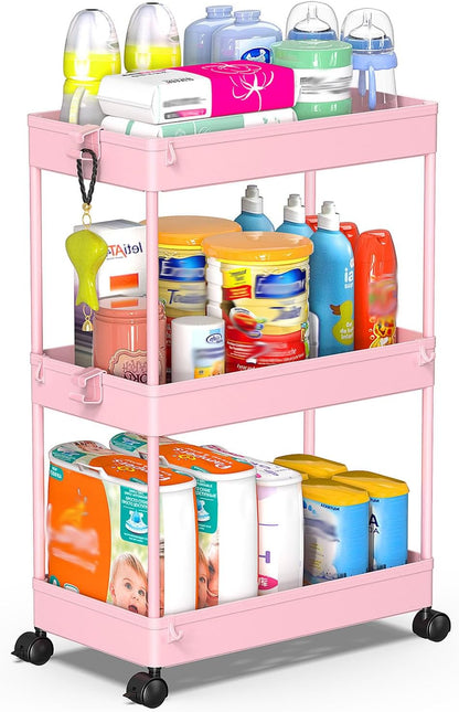 3 Tier Rolling Cart, Bathroom Cart Organizer with Wheels, Pink