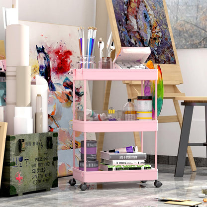 3 Tier Rolling Cart, Bathroom Cart Organizer with Wheels, Pink