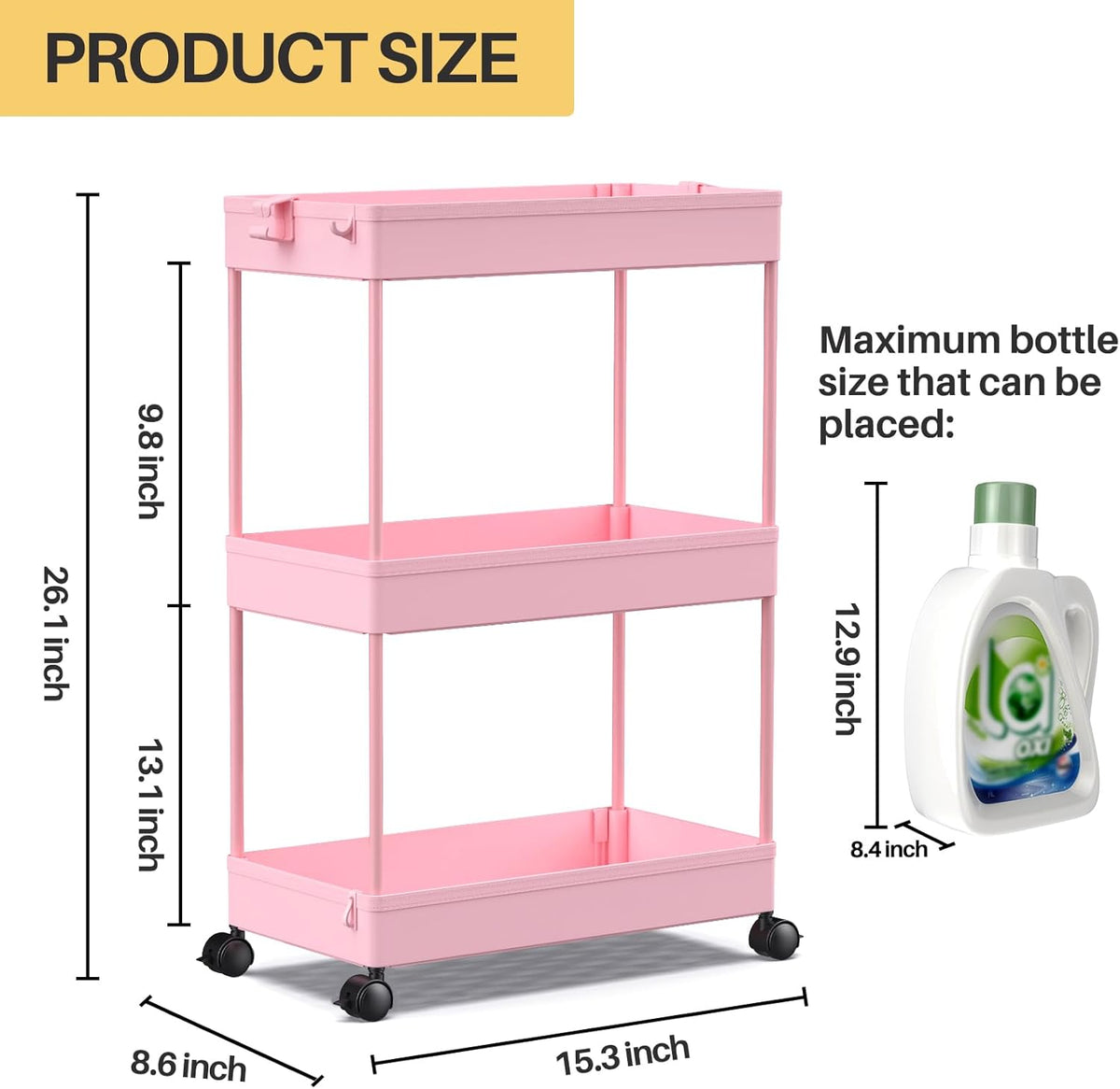 3 Tier Rolling Cart, Bathroom Cart Organizer with Wheels, Pink