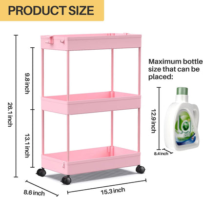 3 Tier Rolling Cart, Bathroom Cart Organizer with Wheels, Pink