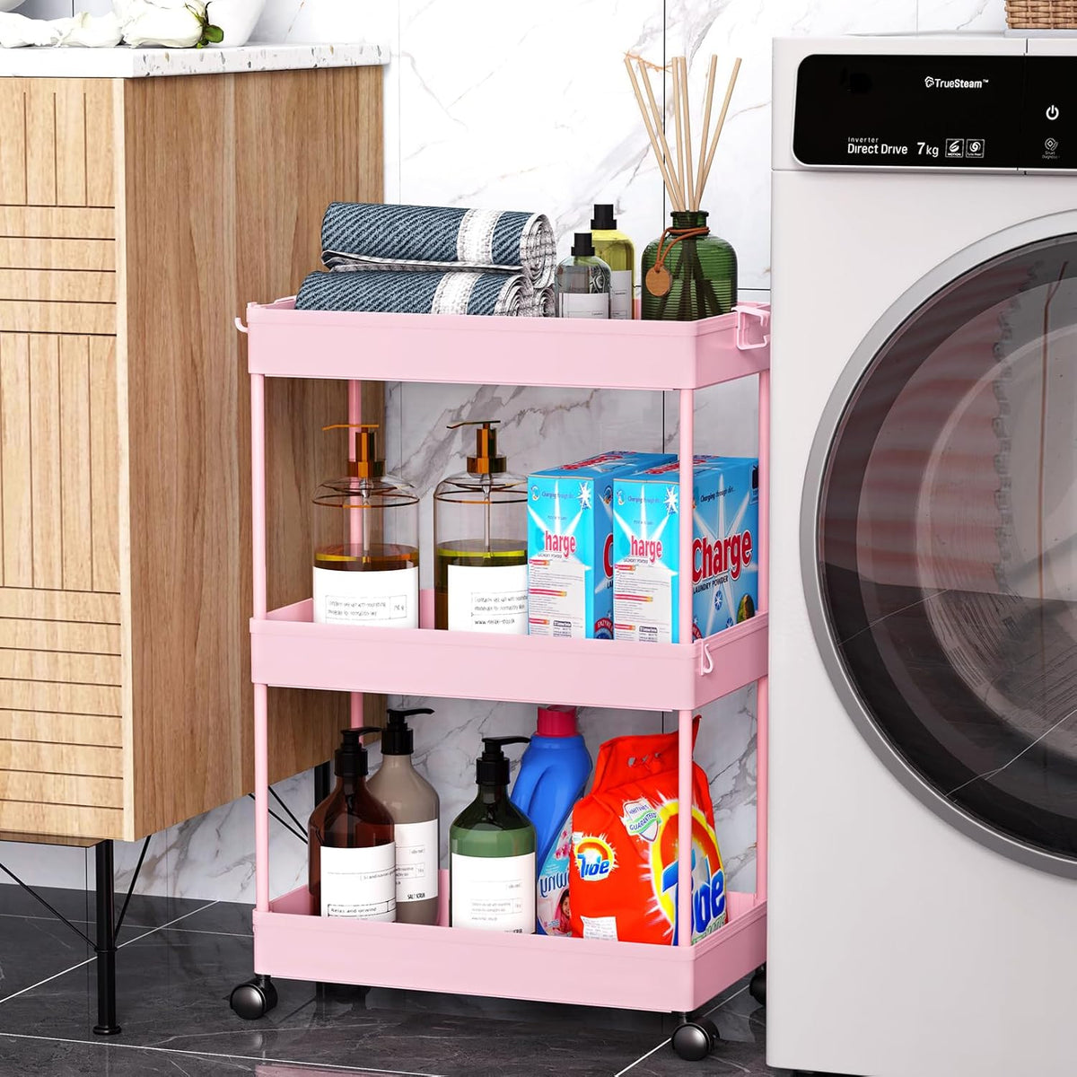 3 Tier Rolling Cart, Bathroom Cart Organizer with Wheels, Pink