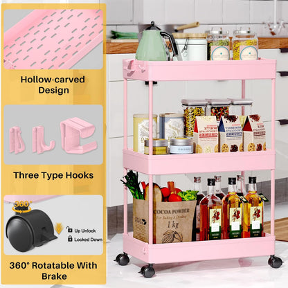 3 Tier Rolling Cart, Bathroom Cart Organizer with Wheels, Pink
