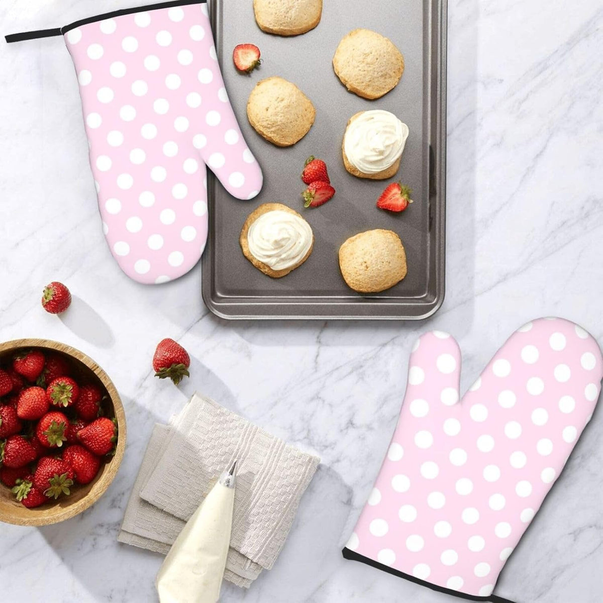 Light Pink Polka Dot Print A Oven Mitts for Women, Cute Kitchen aid Oven Mitts Heat Resistant with Cotton Lining