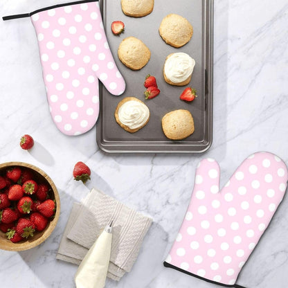 Light Pink Polka Dot Print A Oven Mitts for Women, Cute Kitchen aid Oven Mitts Heat Resistant with Cotton Lining