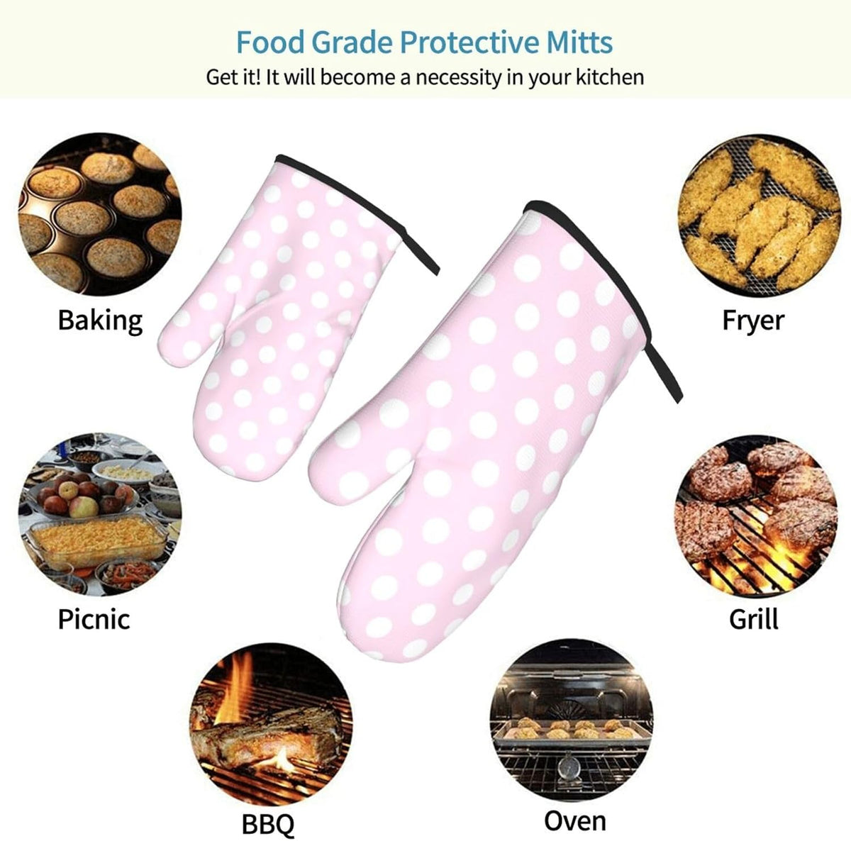 Light Pink Polka Dot Print A Oven Mitts for Women, Cute Kitchen aid Oven Mitts Heat Resistant with Cotton Lining