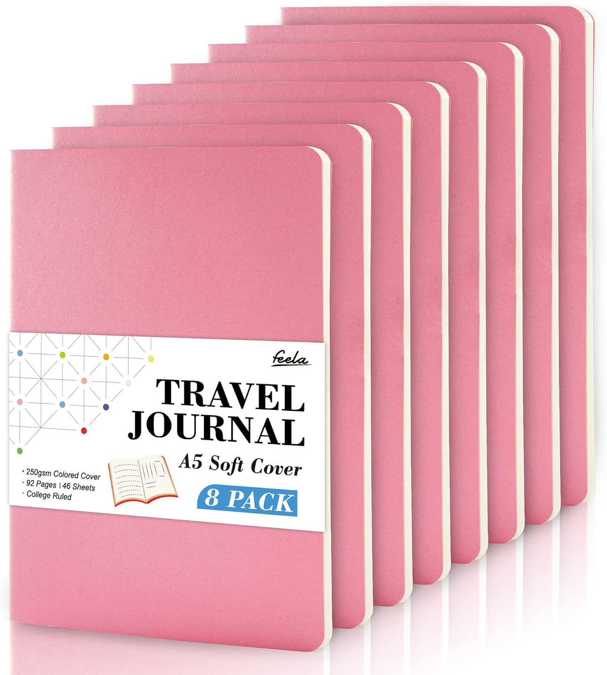 8 Pack Soft Cover Journal Bulk, Notebooks College Ruled for Work, Lined Travel Journal for Women Men, Note Taking Notebook School Supplies Business Writing, 8.2” x 5.5”, A5, Pink