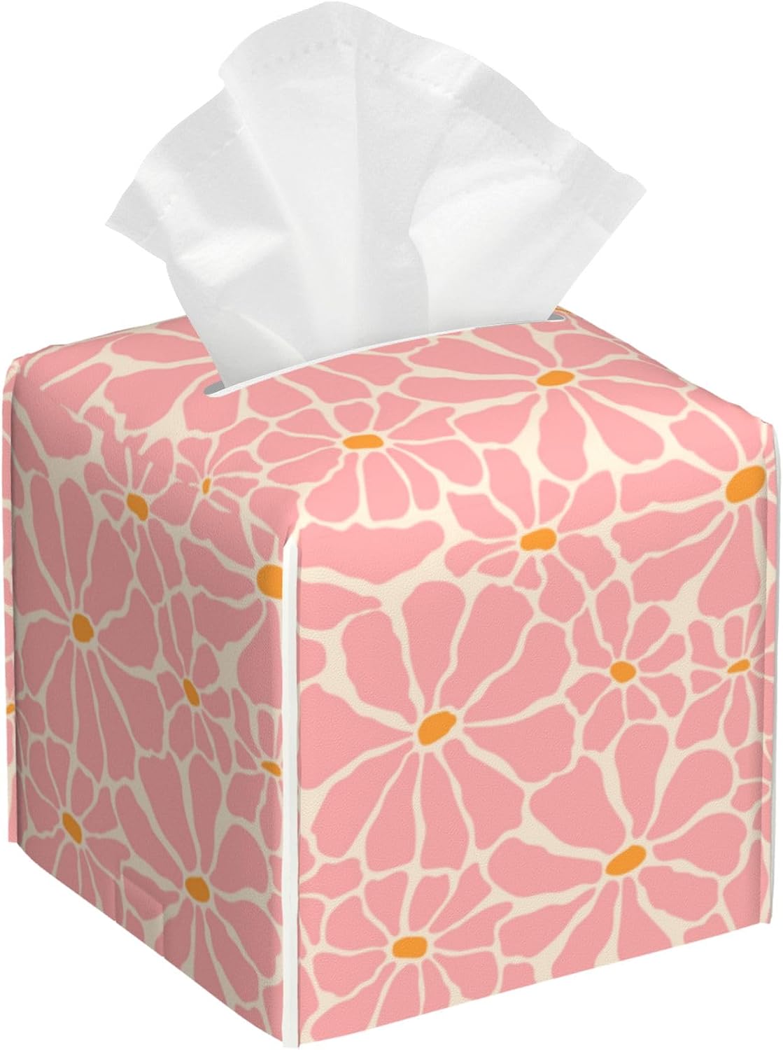 Pink Retro Groovy Flower Tissue Box Cover Square, Tissue Box Holder with Bottom Belt Leather Facial Paper Organizer Dispenser for Bathroom Bedroom Dresser Night Stand Tabletop