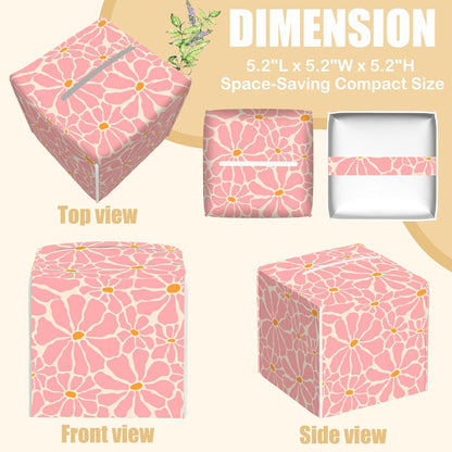 Pink Retro Groovy Flower Tissue Box Cover Square, Tissue Box Holder with Bottom Belt Leather Facial Paper Organizer Dispenser for Bathroom Bedroom Dresser Night Stand Tabletop