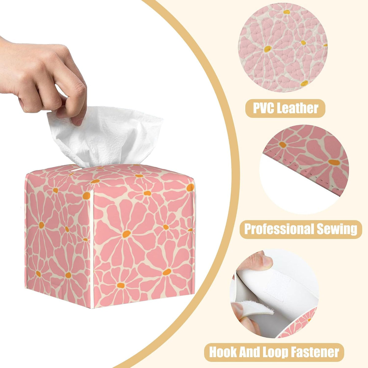 Pink Retro Groovy Flower Tissue Box Cover Square, Tissue Box Holder with Bottom Belt Leather Facial Paper Organizer Dispenser for Bathroom Bedroom Dresser Night Stand Tabletop