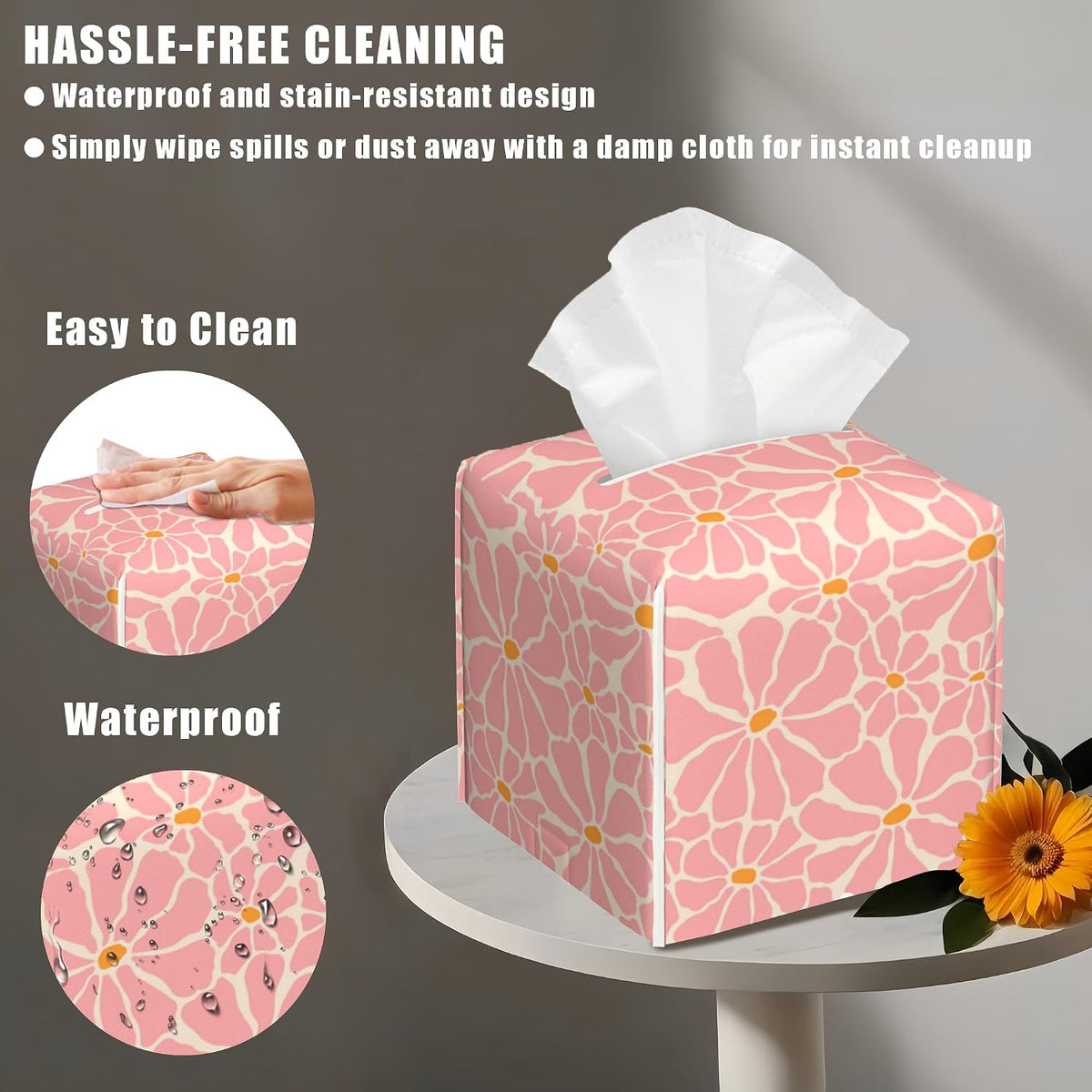 Pink Retro Groovy Flower Tissue Box Cover Square, Tissue Box Holder with Bottom Belt Leather Facial Paper Organizer Dispenser for Bathroom Bedroom Dresser Night Stand Tabletop