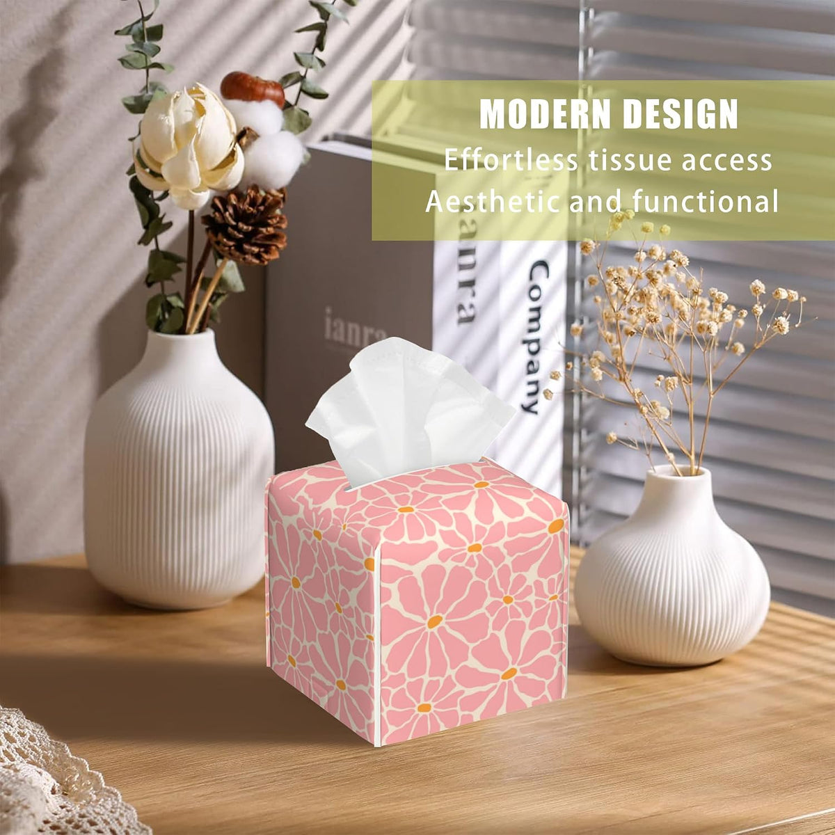 Pink Retro Groovy Flower Tissue Box Cover Square, Tissue Box Holder with Bottom Belt Leather Facial Paper Organizer Dispenser for Bathroom Bedroom Dresser Night Stand Tabletop