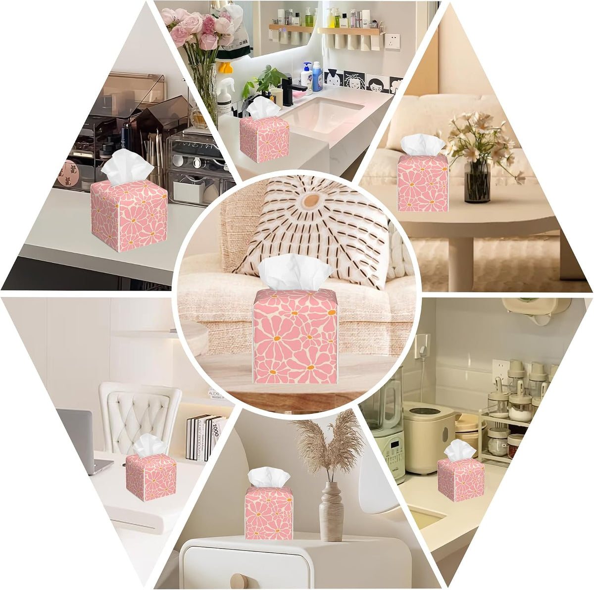 Pink Retro Groovy Flower Tissue Box Cover Square, Tissue Box Holder with Bottom Belt Leather Facial Paper Organizer Dispenser for Bathroom Bedroom Dresser Night Stand Tabletop