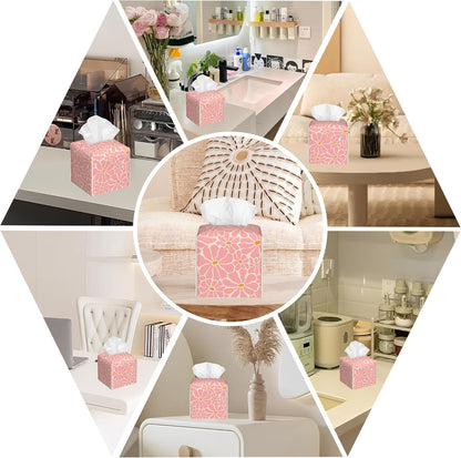 Pink Retro Groovy Flower Tissue Box Cover Square, Tissue Box Holder with Bottom Belt Leather Facial Paper Organizer Dispenser for Bathroom Bedroom Dresser Night Stand Tabletop