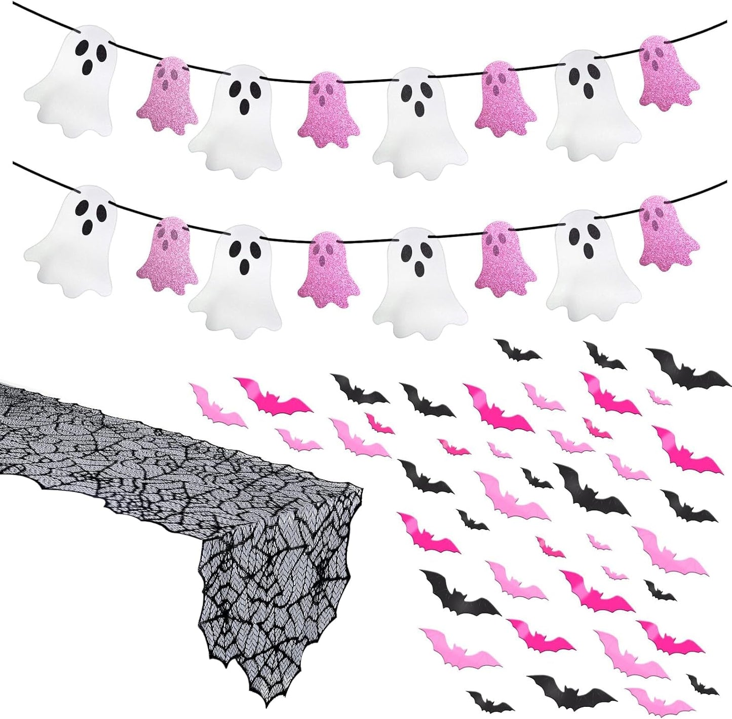 Halloween Decor Set, Ghost Banner, Bat Stickers, Spider Web Table Runner