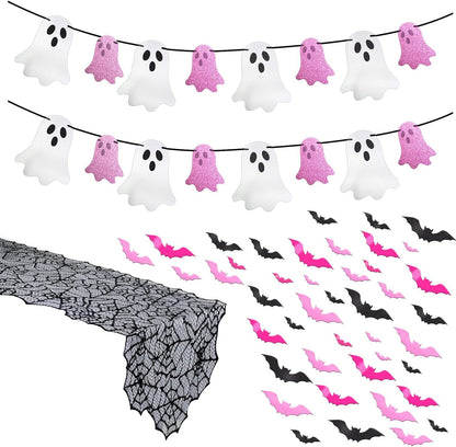 Halloween Decor Set, Ghost Banner, Bat Stickers, Spider Web Table Runner