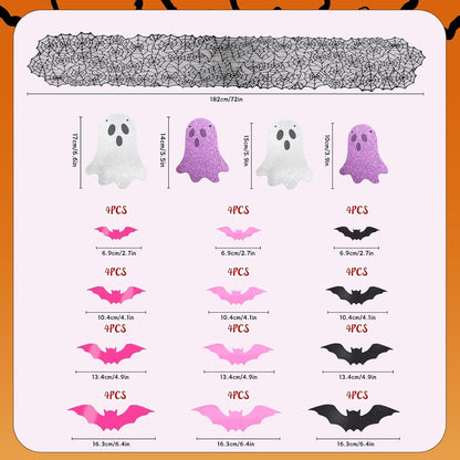 Halloween Decor Set, Ghost Banner, Bat Stickers, Spider Web Table Runner