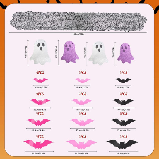 Halloween Decor Set, Ghost Banner, Bat Stickers, Spider Web Table Runner