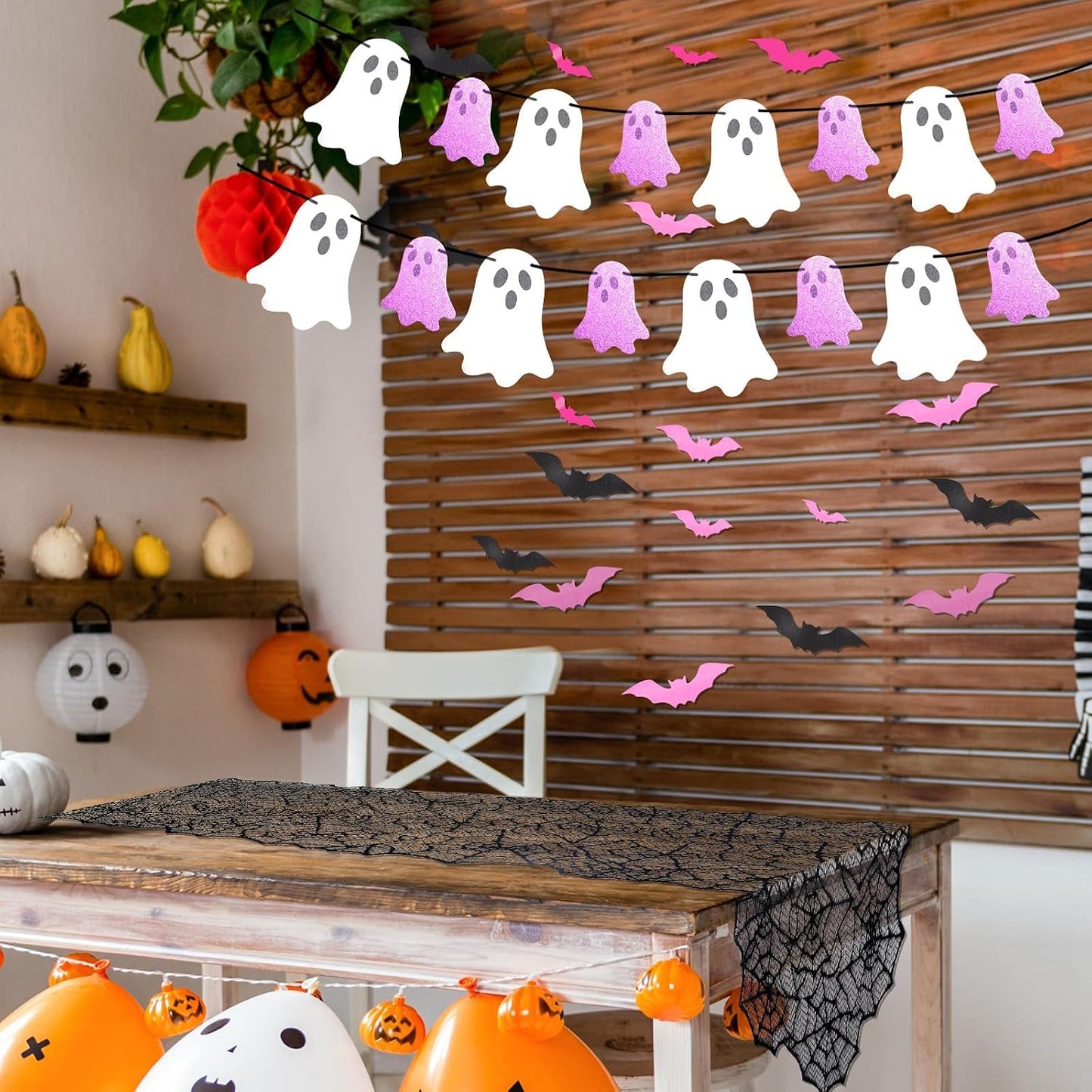 Halloween Decor Set, Ghost Banner, Bat Stickers, Spider Web Table Runner