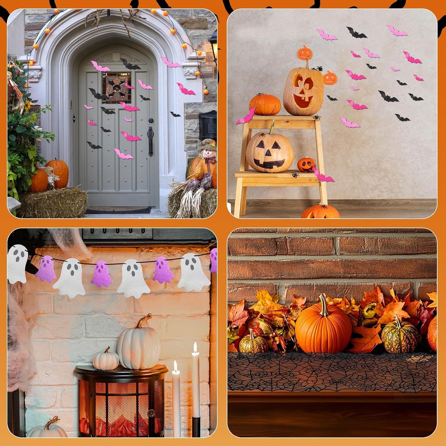 Halloween Decor Set, Ghost Banner, Bat Stickers, Spider Web Table Runner