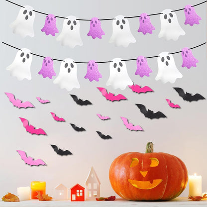Halloween Decor Set, Ghost Banner, Bat Stickers, Spider Web Table Runner
