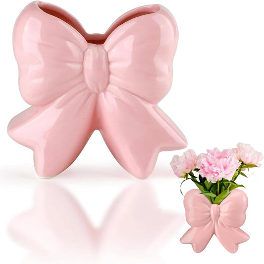 Pink Bow Ceramic Vase Contemporary Design Decorative Pink Bow Decor Vase Pen Holder Makeup Brush Holder Women Gift for Mother's Day Home Office Shelf Table Living Room