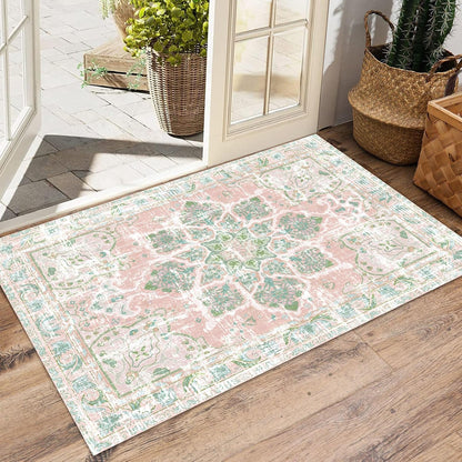 Boho Area Rugs Vintage Washable Neutral Modern Dusty Pink and Green 2x3 Non Slip Small Carpet for Hallway Bathroom Entryway Girls' Room