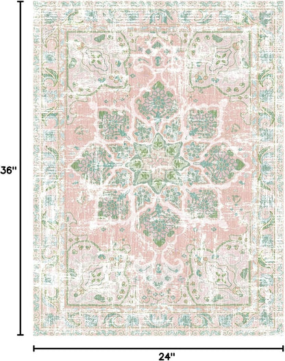 Boho Area Rugs Vintage Washable Neutral Modern Dusty Pink and Green 2x3 Non Slip Small Carpet for Hallway Bathroom Entryway Girls' Room