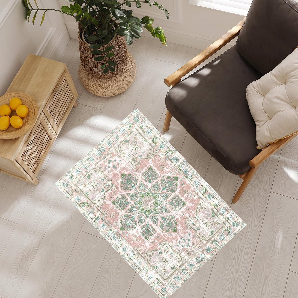 Boho Area Rugs Vintage Washable Neutral Modern Dusty Pink and Green 2x3 Non Slip Small Carpet for Hallway Bathroom Entryway Girls' Room