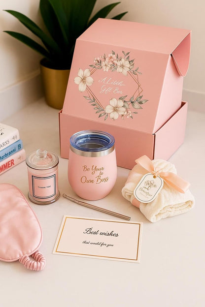 Luxury Gift Box for Women | Be Your Own Boss Motivational Self-Care Gift Set for Her | Pink Birthday & Thank You Gifts with Mug, Candle, Sleep Mask