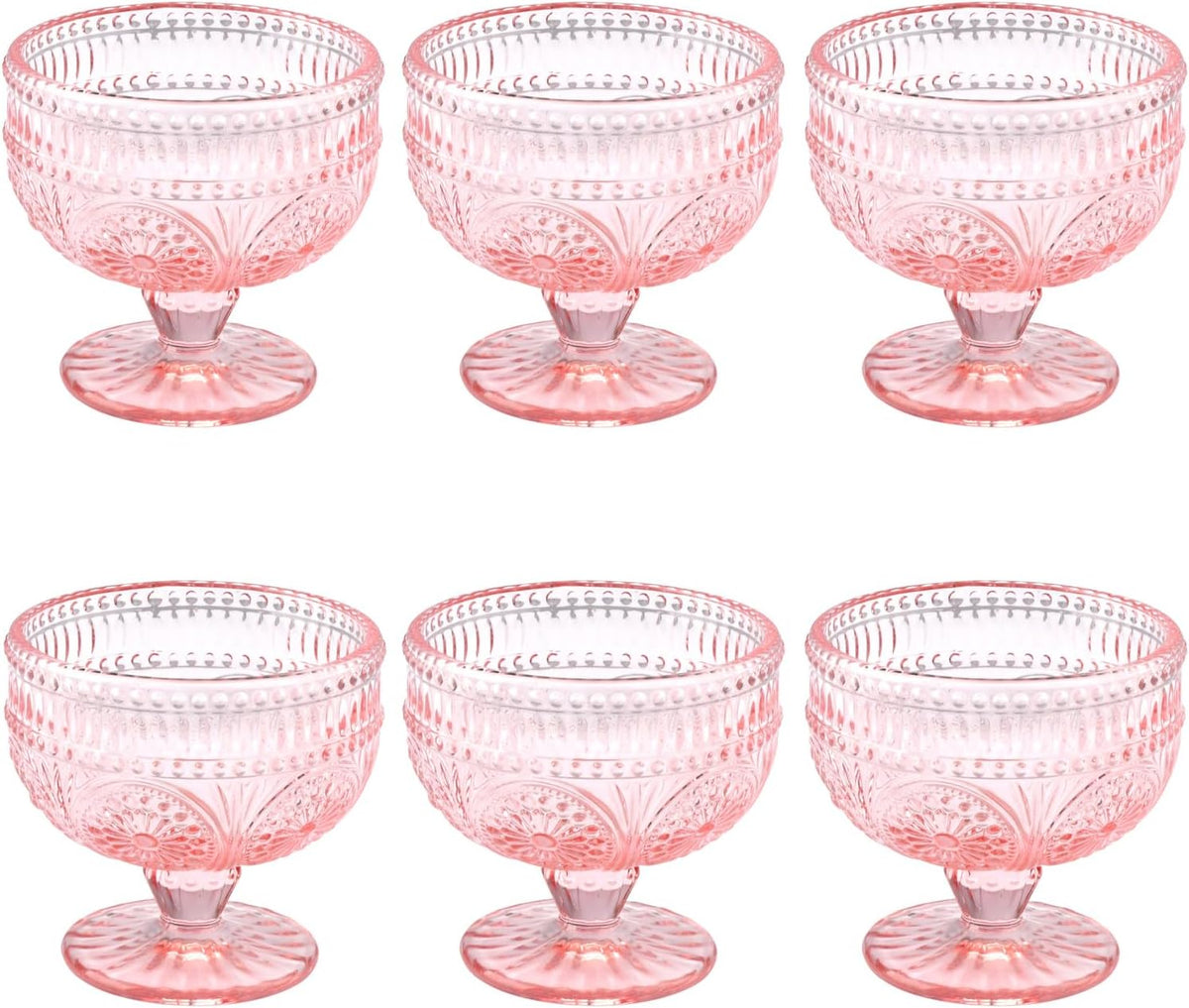 Vintage Glass Dessert Bowls Set of 6-11.5 oz Pink Embossed Glass Ice Cream Bowls for Salad, Candy Cake, Fruit,Trifle,Cocktail