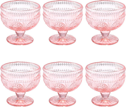 Vintage Glass Dessert Bowls Set of 6-11.5 oz Pink Embossed Glass Ice Cream Bowls for Salad, Candy Cake, Fruit,Trifle,Cocktail