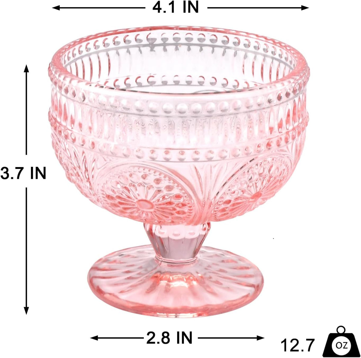 Vintage Glass Dessert Bowls Set of 6-11.5 oz Pink Embossed Glass Ice Cream Bowls for Salad, Candy Cake, Fruit,Trifle,Cocktail