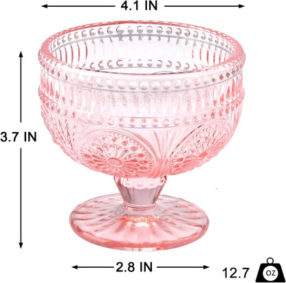 Vintage Glass Dessert Bowls Set of 6-11.5 oz Pink Embossed Glass Ice Cream Bowls for Salad, Candy Cake, Fruit,Trifle,Cocktail