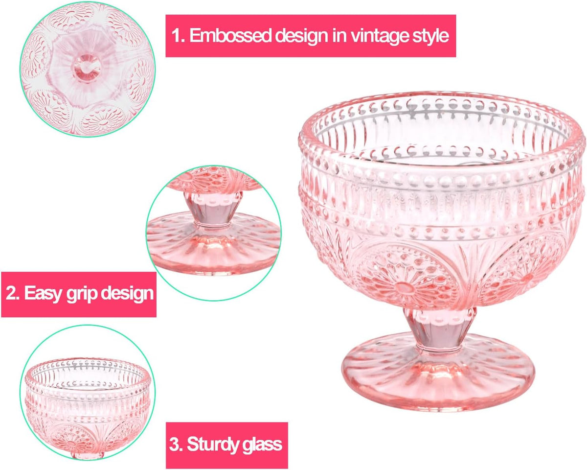 Vintage Glass Dessert Bowls Set of 6-11.5 oz Pink Embossed Glass Ice Cream Bowls for Salad, Candy Cake, Fruit,Trifle,Cocktail