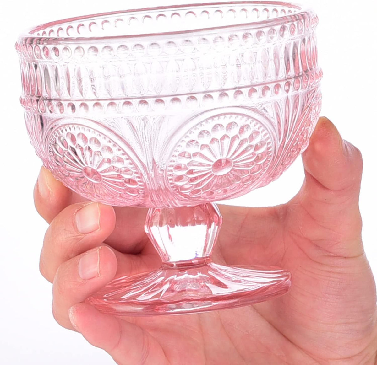 Vintage Glass Dessert Bowls Set of 6-11.5 oz Pink Embossed Glass Ice Cream Bowls for Salad, Candy Cake, Fruit,Trifle,Cocktail