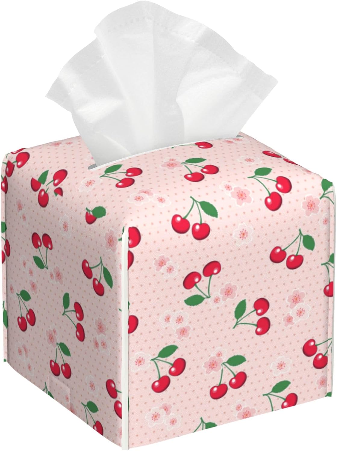 Pink Polka Dot Tissue Box Holder Cherries with Blossoms Square Leather Tissue Box Cover Modern Cube Facial Paper Cover Case for Bathroom Vanity Countertop Night Stands Tabletop