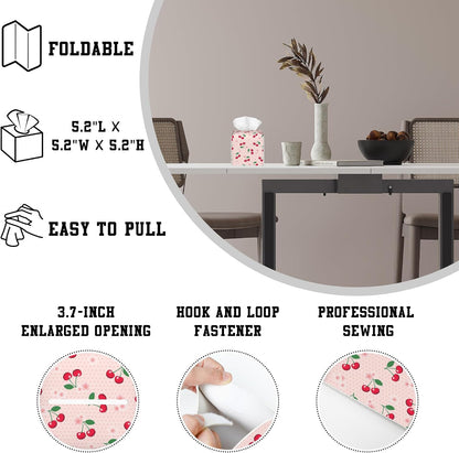 Pink Polka Dot Tissue Box Holder Cherries with Blossoms Square Leather Tissue Box Cover Modern Cube Facial Paper Cover Case for Bathroom Vanity Countertop Night Stands Tabletop