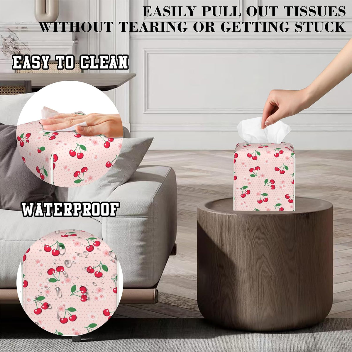 Pink Polka Dot Tissue Box Holder Cherries with Blossoms Square Leather Tissue Box Cover Modern Cube Facial Paper Cover Case for Bathroom Vanity Countertop Night Stands Tabletop