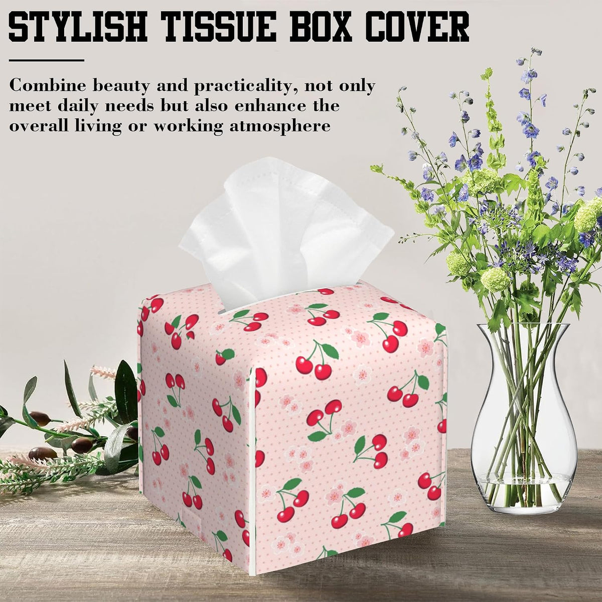 Pink Polka Dot Tissue Box Holder Cherries with Blossoms Square Leather Tissue Box Cover Modern Cube Facial Paper Cover Case for Bathroom Vanity Countertop Night Stands Tabletop