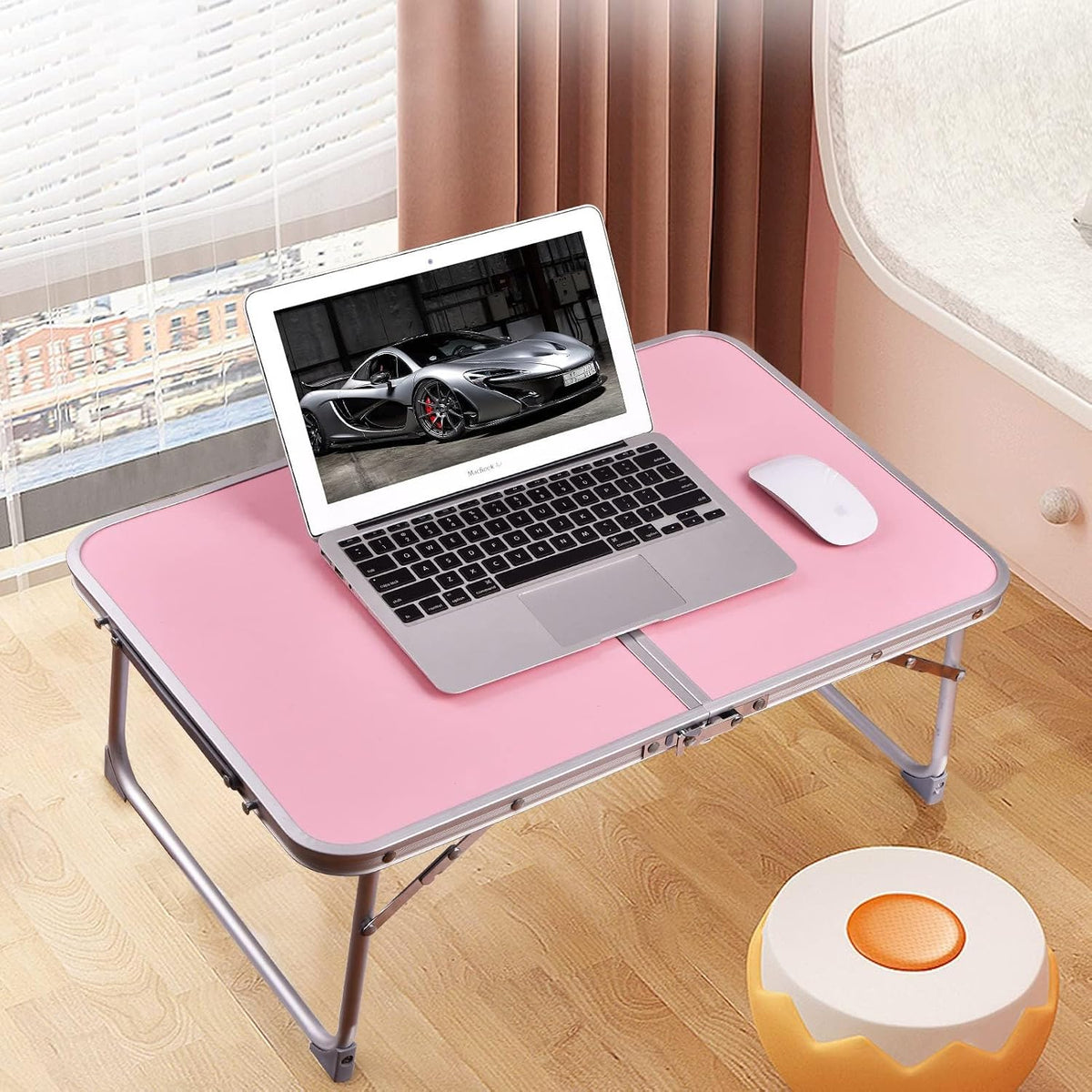 Foldable Laptop Desk, Portable Bed Table with Hidden Storage, Pink