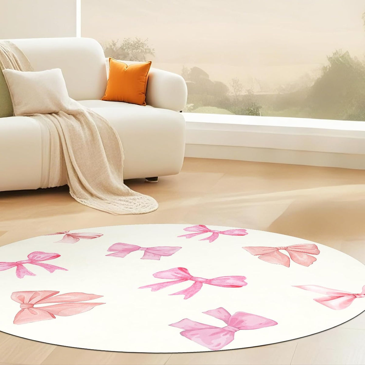 Bow Pattern Area Rug for Girl Bedroom Living Room, Washable Soft Round Artificial Wool Kids Pink Beige Carpet for Entryway Living Room Laundry, 3'Round