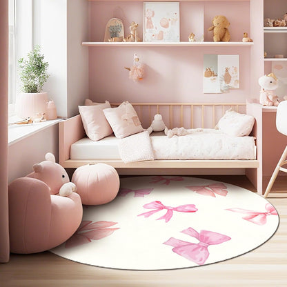 Bow Pattern Area Rug for Girl Bedroom Living Room, Washable Soft Round Artificial Wool Kids Pink Beige Carpet for Entryway Living Room Laundry, 3'Round