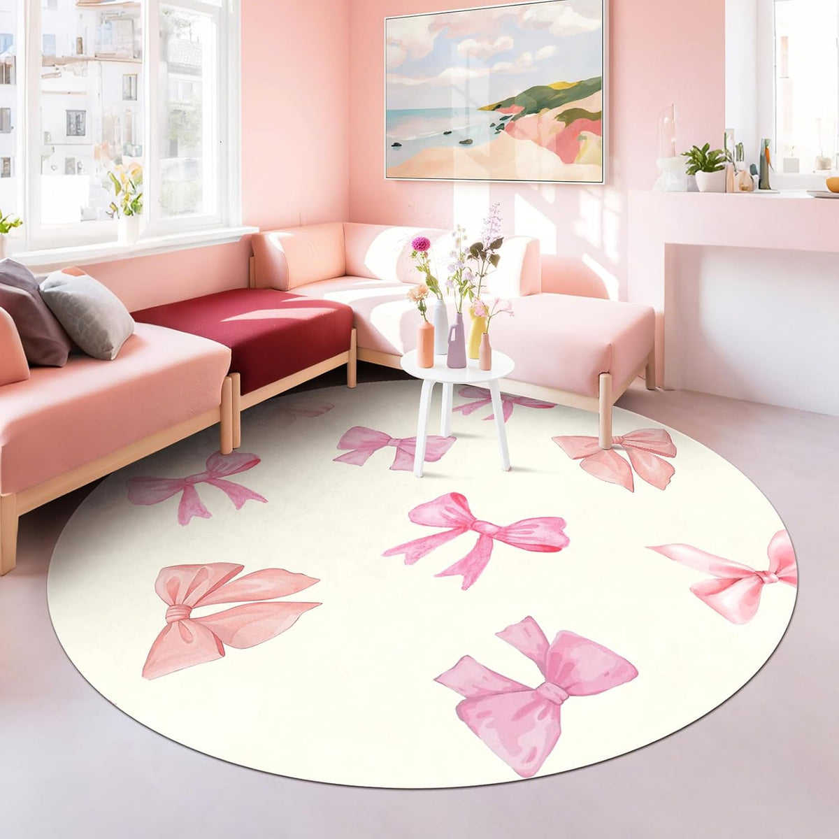 Bow Pattern Area Rug for Girl Bedroom Living Room, Washable Soft Round Artificial Wool Kids Pink Beige Carpet for Entryway Living Room Laundry, 3'Round