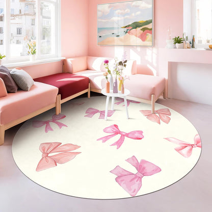 Bow Pattern Area Rug for Girl Bedroom Living Room, Washable Soft Round Artificial Wool Kids Pink Beige Carpet for Entryway Living Room Laundry, 3'Round
