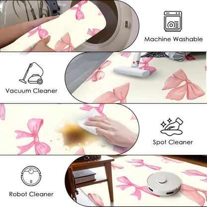 Bow Pattern Area Rug for Girl Bedroom Living Room, Washable Soft Round Artificial Wool Kids Pink Beige Carpet for Entryway Living Room Laundry, 3'Round