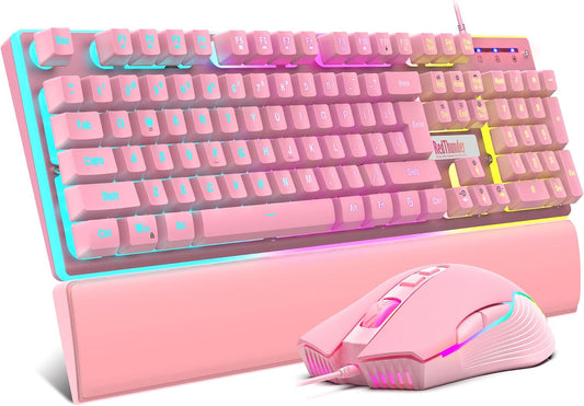 K10 Wired Gaming Keyboard and Mouse and Wrist Rest Combo, RGB Backlit, Mechanical Feel Anti-ghosting Keyboard + 7D 7200 DPI Mice+Soft Leather Wrist Rest 3 in 1 PC Gamer Accessories(Pink)