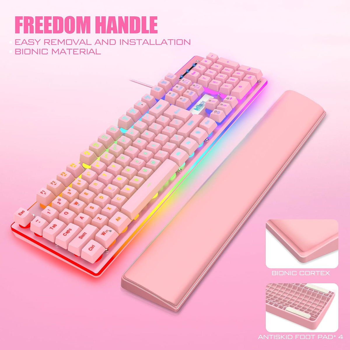 K10 Wired Gaming Keyboard and Mouse and Wrist Rest Combo, RGB Backlit, Mechanical Feel Anti-ghosting Keyboard + 7D 7200 DPI Mice+Soft Leather Wrist Rest 3 in 1 PC Gamer Accessories(Pink)